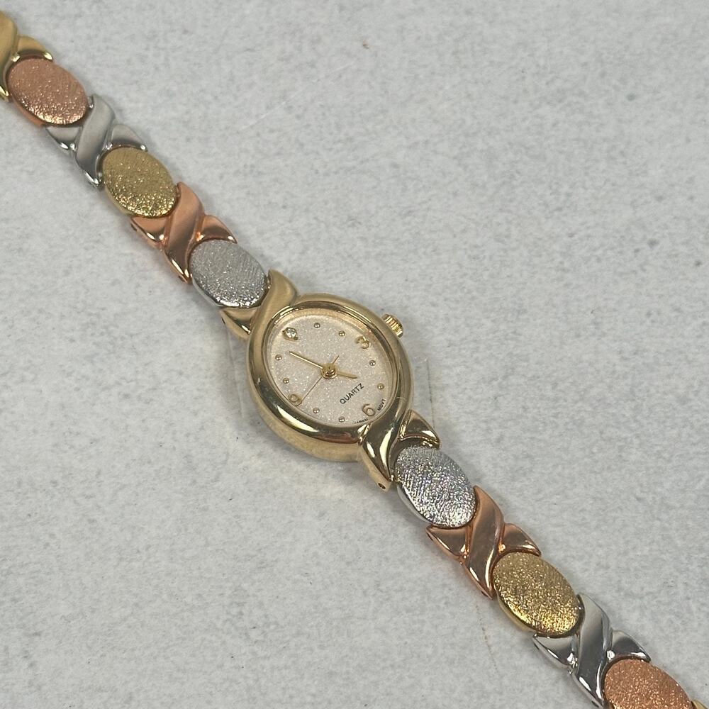 Avon Watch Womens 19mm Oval Tri Tone Link Band Elegant Diamond New Battery